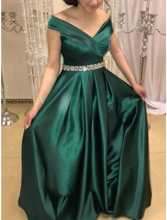 Wholesale A-Line Evening Gown Elegant Dress Formal Sweep / Brush Train Christmas Red Green Dress Sleeveless Off Shoulder Satin with Pleats Crystals