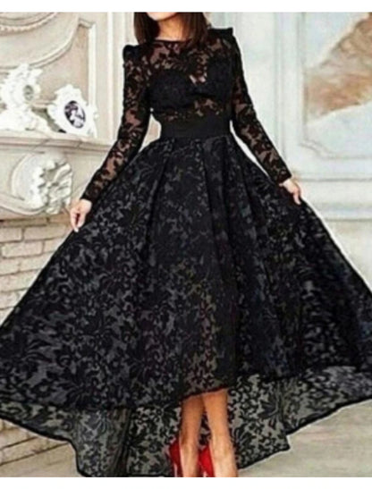 Wholesale A-Line Prom Black Dress Vintage Dress Halloween Masquerade Asymmetrical Long Sleeve Jewel Neck Wednesday Addams Family Lace with Pleats