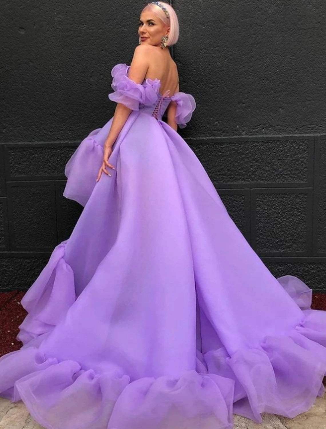 Wholesale A-Line Prom Dresses High Low Dress Quinceanera Asymmetrical Purple Short Sleeve Off Shoulder Tulle with Tier