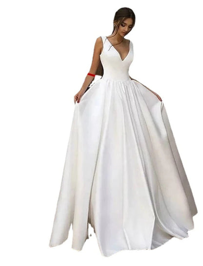 Wholesale  Reception Casual Formal Wedding Dresses A-Line V Neck Sleeveless Floor Length Satin Bridal Gowns With Pleats Solid Color Summer Fall Wedding Party