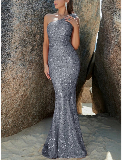 Wholesale Mermaid / Trumpet Evening Gown Sparkle & Shine Dress Formal Fall Sweep / Brush Train Sleeveless One Shoulder Sequined with Glitter Shouder Flower