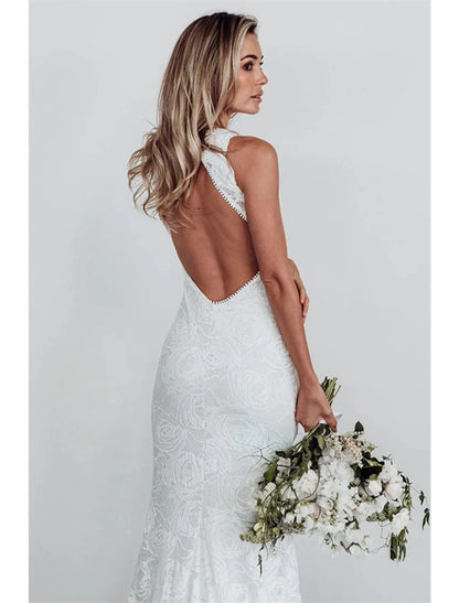 Wholesale Beach Open Back Boho Wedding Dresses Mermaid / Trumpet Halter Sleeveless Chapel Train Lace Bridal Gowns With Appliques