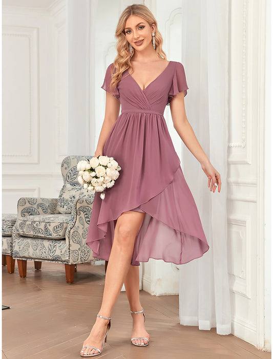 Wholesale A-Line Bridesmaid Dress Plunging Neck Sleeveless Elegant Asymmetrical / Short / Mini Chiffon with Pleats / Cascading Ruffles / Solid Color