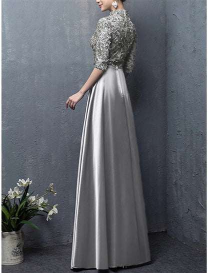 Wholesale A-Line Mother of the Bride Dress Wedding Guest Vintage Elegant High Neck Floor Length Satin Half Sleeve with Bow(s) Appliques Fall