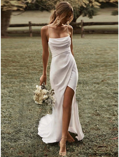 Wholesale Beach Sexy Casual Wedding Dresses Sheath / Column Square Camisole Spaghetti Strap Sweep / Brush Train Stretch Fabric Outdoor Bridal Gowns With Ruched