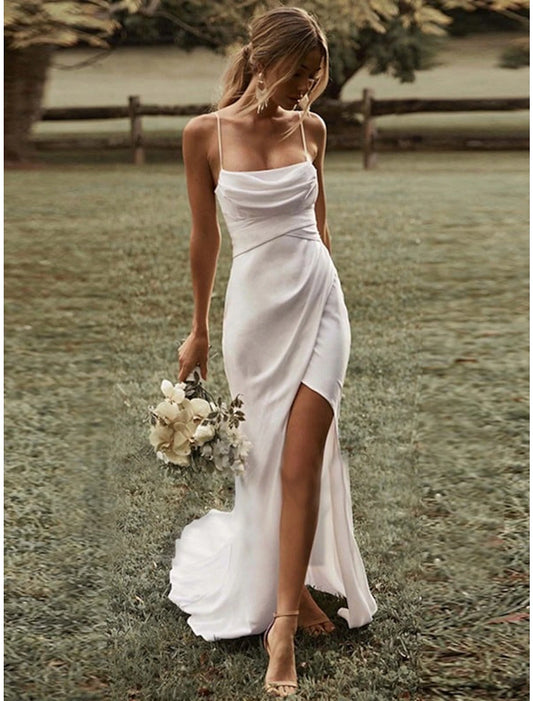 Wholesale  Beach Sexy Casual Wedding Dresses Sheath / Column Square Camisole Spaghetti Strap Sweep / Brush Train Stretch Fabric Outdoor Bridal Gowns With Ruched Split Front Summer Party