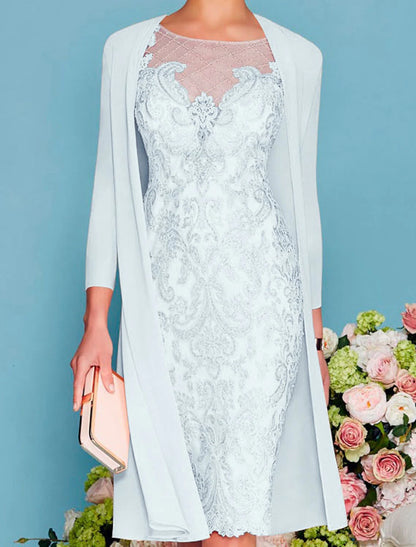 Wholesale Two Piece Sheath / Column Mother of the Bride Dress Formal Wedding Guest Church Elegant Jewel Neck Knee Length Chiffon Lace 3/4 Length Sleeve Wrap Included Jacket Dresses with Beading Appliques