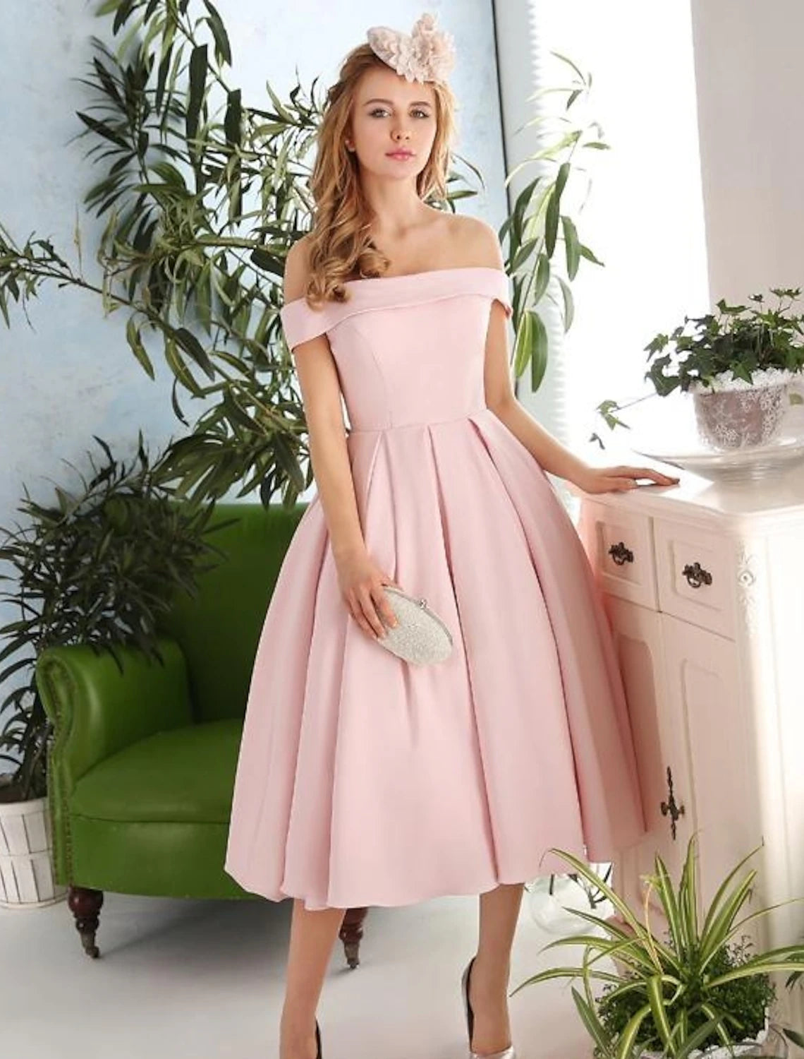 Wholesale A-Line Cocktail Dresses Vintage Dress Engagement Cocktail Party Tea Length Sleeveless Off Shoulder Stretch Fabric with Pleats