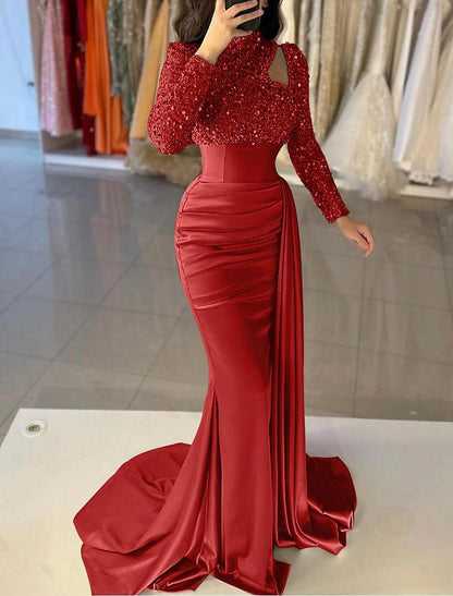 Wholesale Mermaid / Trumpet Evening Gown Elegant Dress Formal Sweep / Brush Train Long Sleeve High Neck Satin with Pearls Sequin