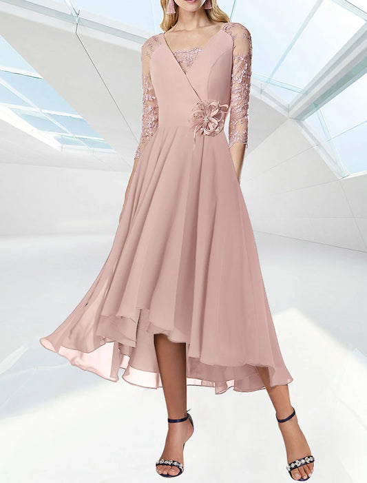 Wholesale A-Line Cocktail Dresses Elegant Dress Wedding Guest Kentucky Derby Tea Length 3/4 Length Sleeve V Neck Chiffon with Appliques Shouder Flower