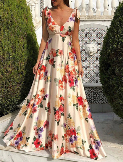 Wholesale Women‘s Party Dress Corset Dress Swing Dress Long Dress Maxi Dress White Beige Sleeveless Floral Print Fall Spring Autumn V Neck Elegant Party