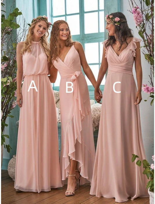 Wholesale A-Line Bridesmaid Dress Halter Neck / V Neck Sleeveless Elegant Floor Length Chiffon with Split Front / Ruching / Solid Color