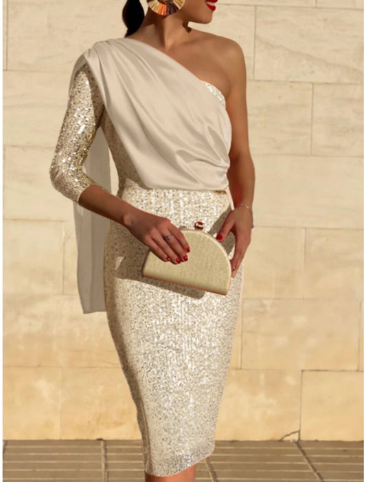 Wholesale Sheath / Column Cocktail Dresses Sparkle & Shine Dress Wedding Guest Knee Length 3/4 Length Sleeve One Shoulder Fall Wedding Guest Sequined with Glitter Ruched