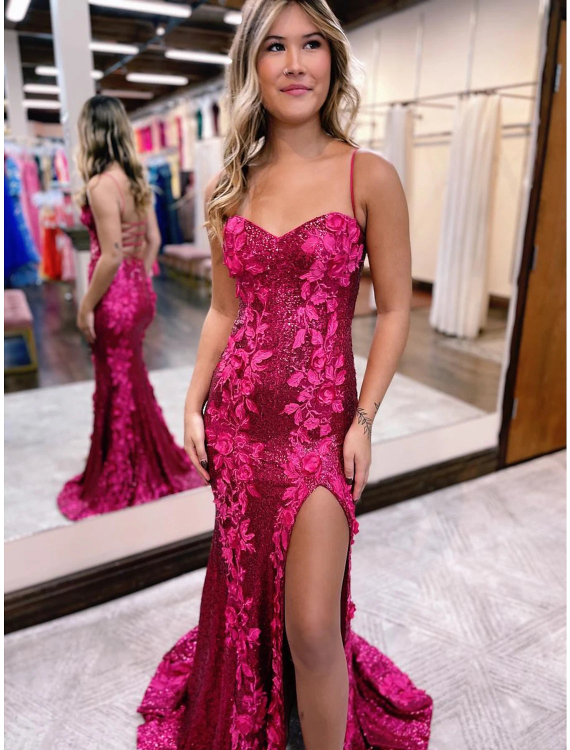 Wholesale Mermaid / Trumpet Evening Gown Sparkle & Shine Dress Formal Prom Sweep / Brush Train Sleeveless Spaghetti Strap Sequined Backless with Sequin Appliques