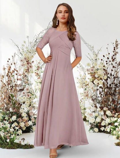 Wholesale A-Line Evening Gown Elegant Dress Wedding Guest Formal Evening Floor Length Half Sleeve Jewel Neck Chiffon with Pleats Ruched