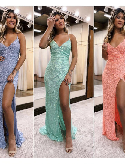 Wholesale  Mermaid / Trumpet Prom Dresses Sparkle & Shine Dress Formal Wedding Party Sweep / Brush Train Sleeveless V Neck Sequined Backless with Sequin Slit