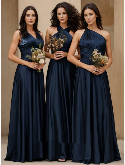 Wholesale A-Line Bridesmaid Dress Halter Neck Sleeveless Elegant Floor Length Stretch Satin with Split Front / Ruching