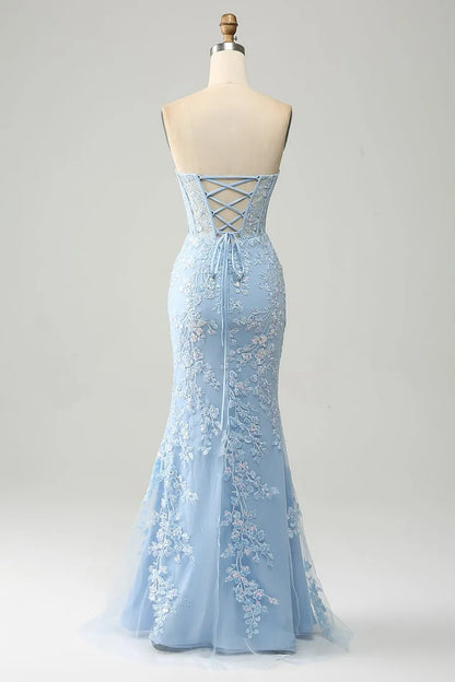 Wholesale Light Blue Mermaid Sweetheart Lace Up Long Prom Dress With Appliques prom dresses shops