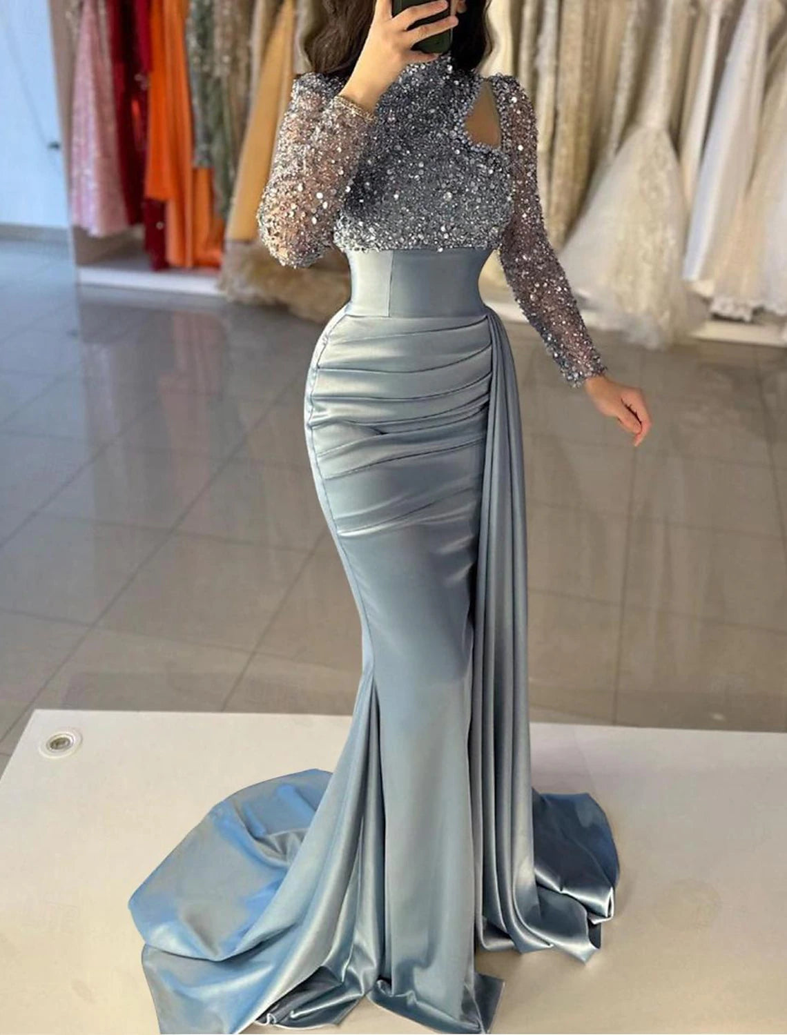 Wholesale Mermaid / Trumpet Evening Gown Elegant Dress Formal Sweep / Brush Train Long Sleeve High Neck Satin with Pearls Sequin