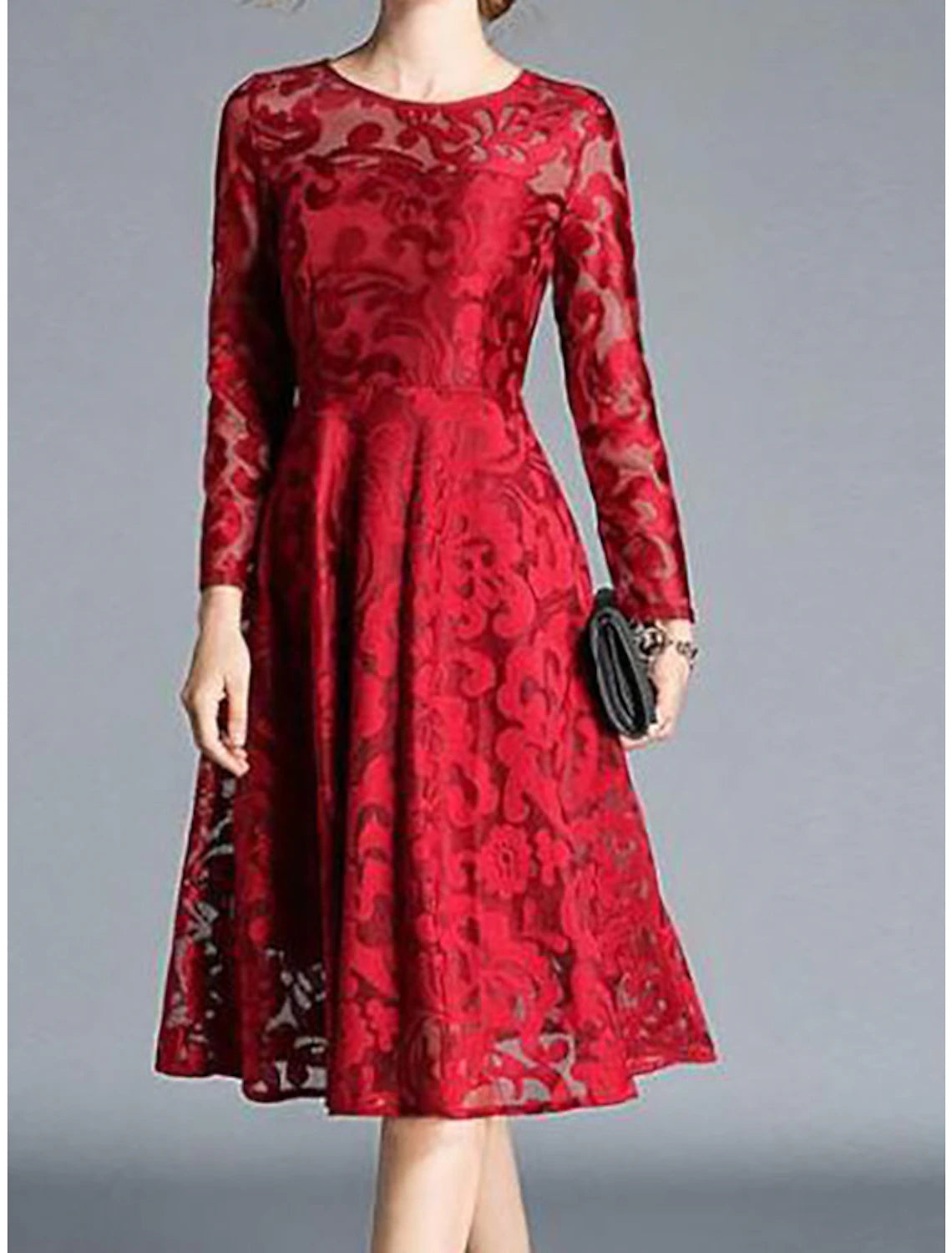 Wholesale Women's Party Dress Lace Dress Swing Dress Midi Dress Wine Red Black Blue Long Sleeve Pure Color Lace Winter Fall Spring Crew Neck Elegant Party Winter Dress Wedding Guest