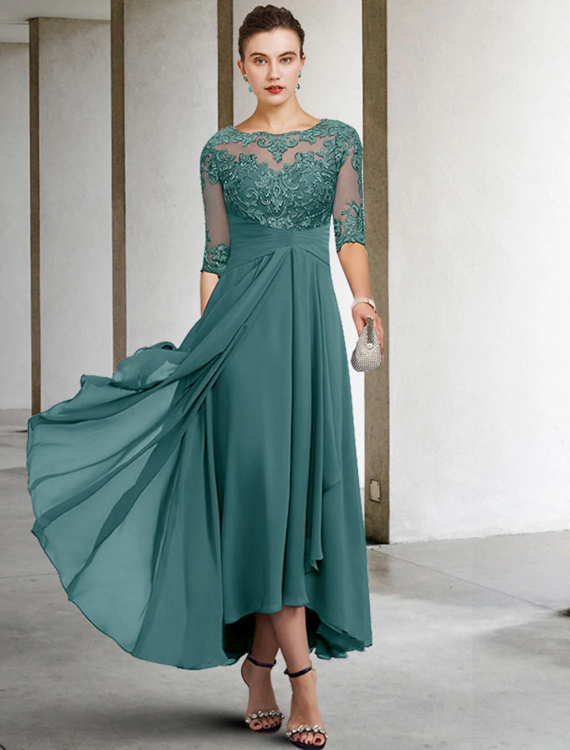 Wholesale A-Line Mother of the Bride Dress Fall Wedding Guest Dresses Plus Size Elegant High Low V Neck Asymmetrical Ankle Length Chiffon Lace Half Sleeve with Beading Appliques