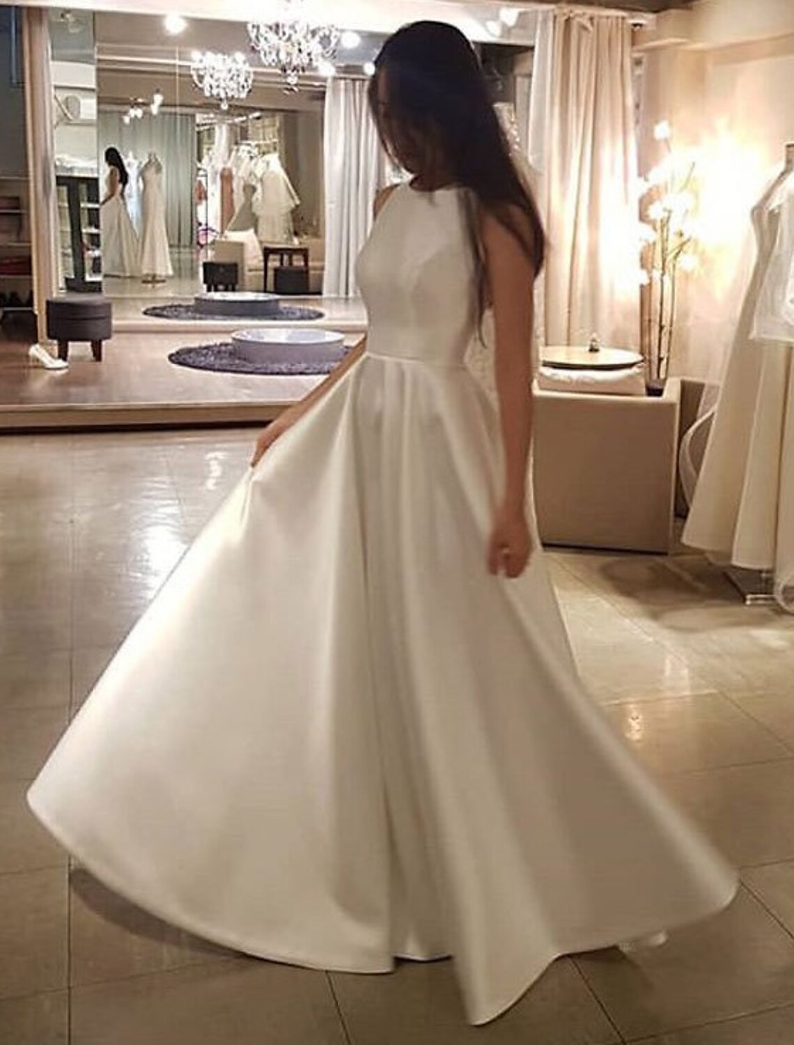 Wholesale Reception Casual Wedding Dresses A-Line Scoop Neck Sleeveless Sweep / Brush Train Satin Bridal Gowns