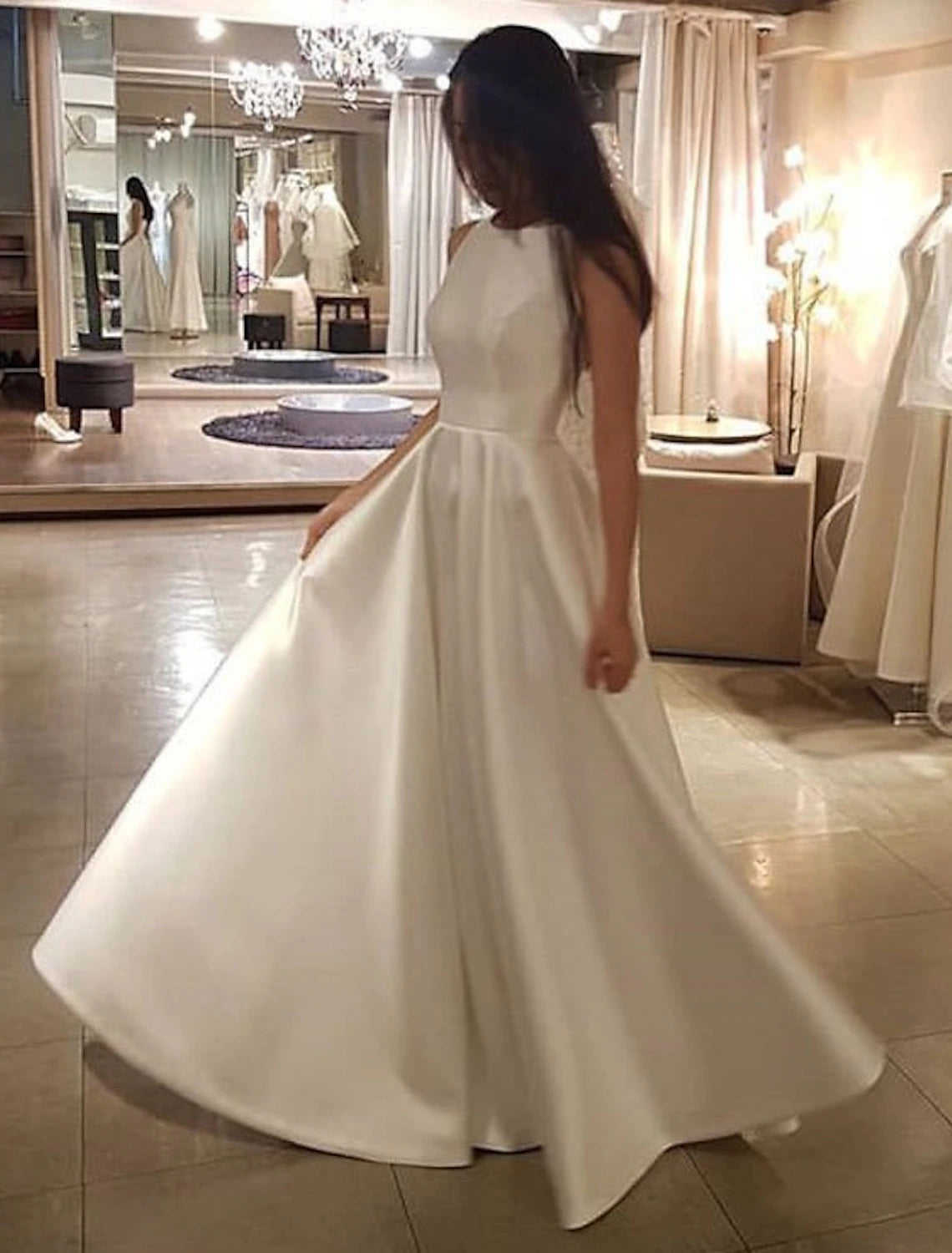 Wholesale  Reception Casual Wedding Dresses A-Line Scoop Neck Sleeveless Sweep / Brush Train Satin Bridal Gowns With