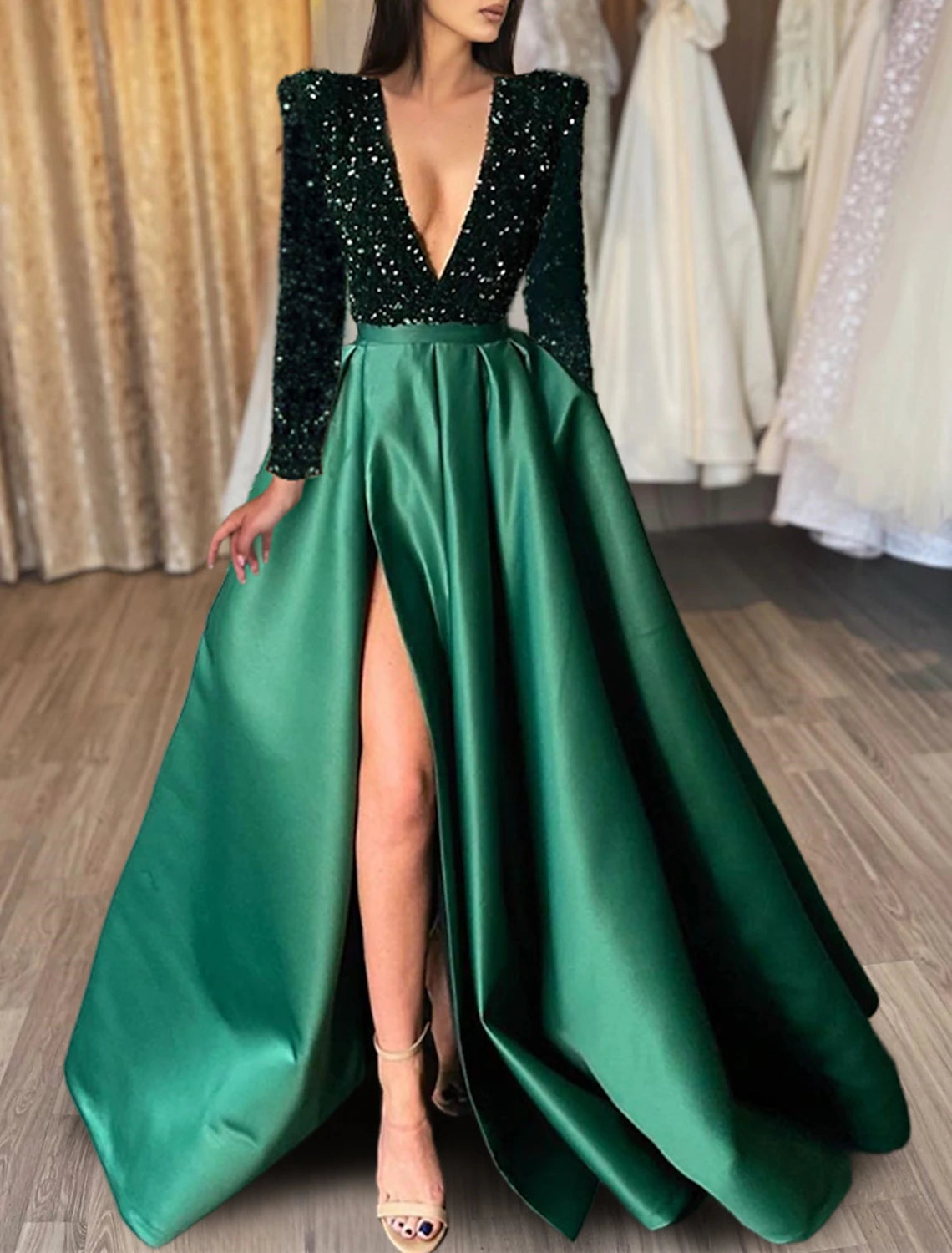 Wholesale A-Line Evening Gown Christmas Red Green Dress Formal Black Dress Plus Size Wedding Court Train Half Sleeve V Neck Satin with Sequin Slit