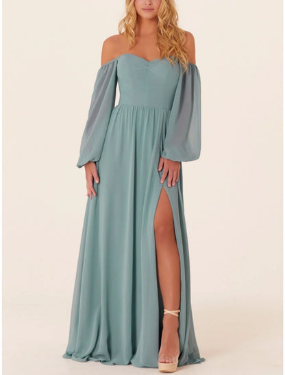 Wholesale A-Line Bridesmaid Dress Square Neck Long Sleeve Elegant Sweep / Brush Train Chiffon with Split Front / Ruching