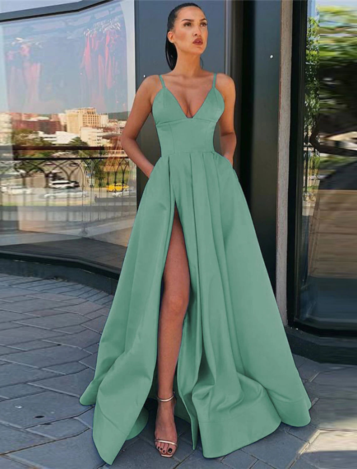 Wholesale A-Line Black Prom Dress High Split Evening Dress Formal Birthday Summer Dress Spaghetti Strap Sleeveless Sweep / Brush Train Satin with Pleats