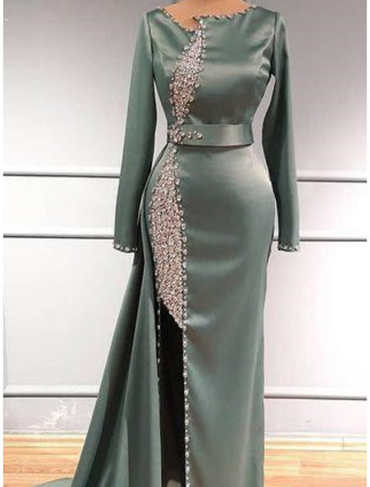 Wholesale Sheath / Column Glittering Elegant Engagement Formal Evening Dress Jewel Neck Long Sleeve Sweep / Brush Train Charmeuse with Beading Sequin