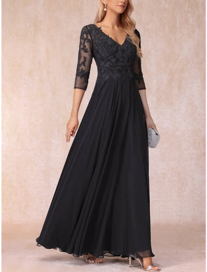 Wholesale A-Line Mother of the Bride Dress Wedding Guest Elegant V Neck Floor Length Chiffon Lace 3/4 Length Sleeve with Ruching Solid Color