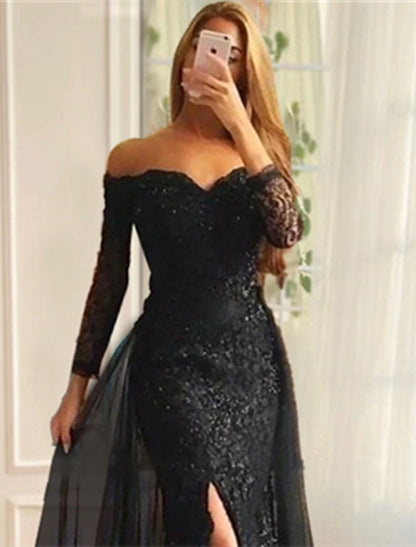 Wholesale Mermaid / Trumpet Evening Gown Floral Dress Formal Wedding Sweep / Brush Train Long Sleeve Off Shoulder Fall Wedding Reception Chiffon with Slit Appliques