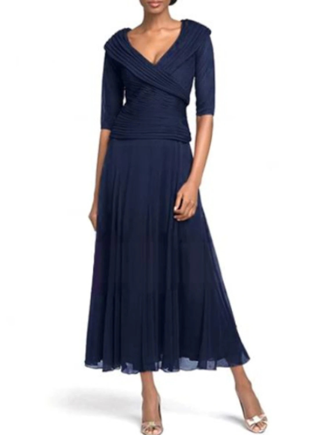 Wholesale A-Line Mother of the Bride Dress Plus Size Plunging Neck Ankle Length Chiffon Half Sleeve with Ruching