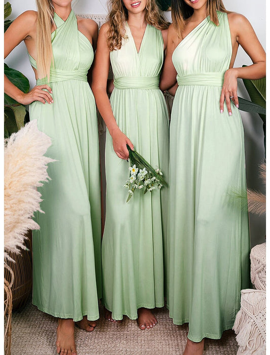 Wholesale Sheath / Column Bridesmaid Dress Halter Sleeveless Convertible Ankle Length Spandex with Pleats / Solid Color