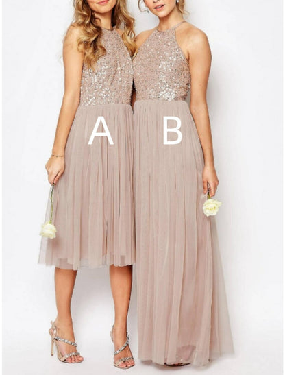 Wholesale A-Line Bridesmaid Dress Halter Neck Sleeveless Elegant Floor Length / Knee Length Tulle with Sequin / Ruching