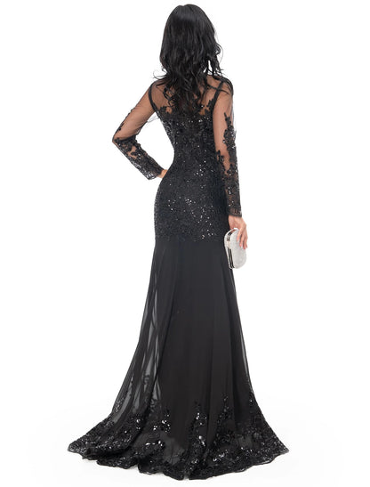 Wholesale Mermaid Black Dress Evening Gown Sequin Prom Dress Sparkle Formal Gown Sweep / Brush Train Long Sleeve Illusion Neck Lace with Appliques