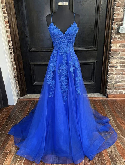 Wholesale A-Line Prom Dresses Open Back Dress Formal Prom Court Train Sleeveless V Neck Tulle Backless V Back with Beading Appliques