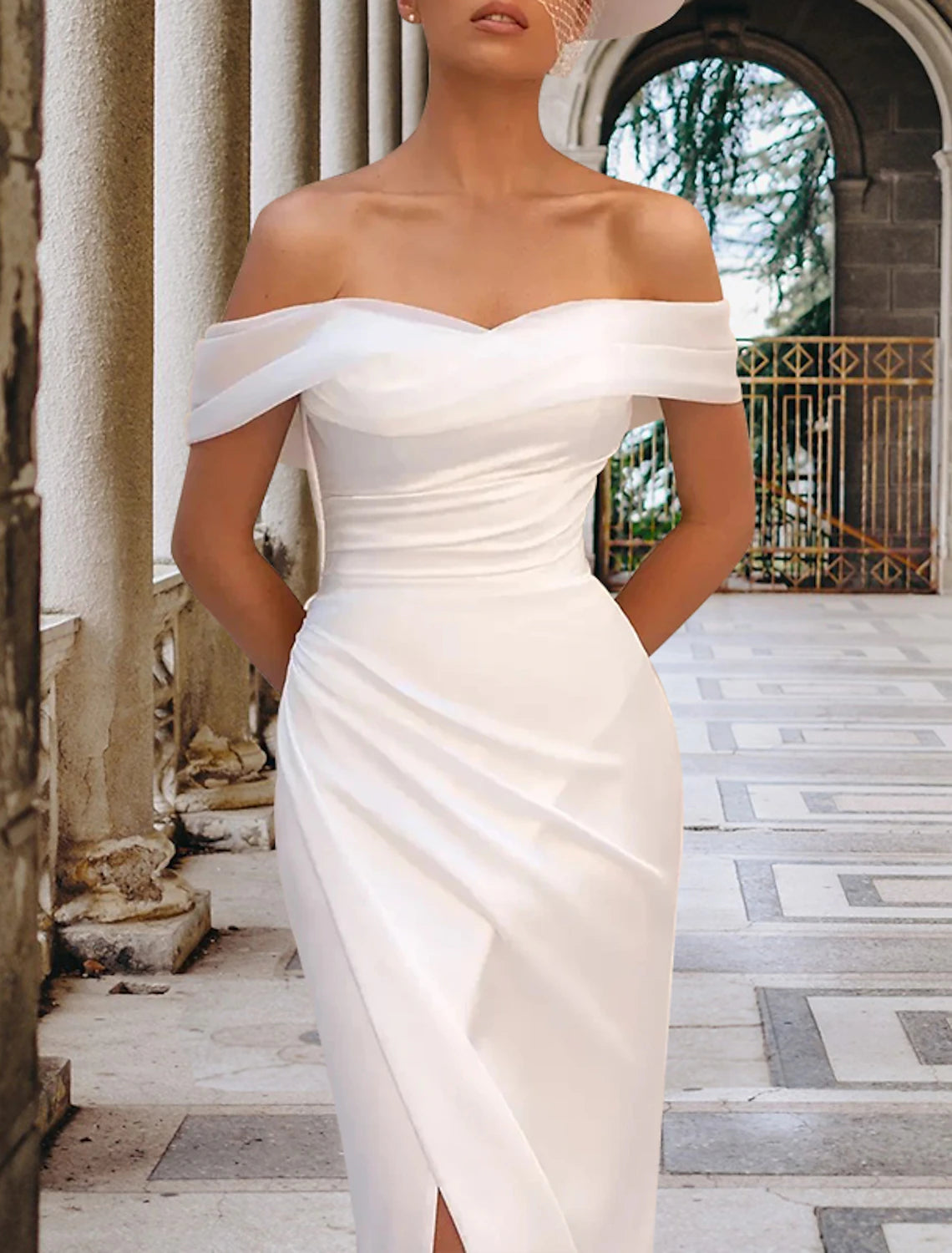 Wholesale Hall Casual Wedding Dresses Sheath / Column Off Shoulder Cap Sleeve Court Train Satin Bridal Gowns With Split Front Side-Draped