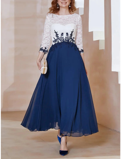 Wholesale A-Line Mother of the Bride Dress Wedding Guest Elegant Scoop Neck Ankle Length Chiffon 3/4 Length Sleeve with Lace Ruching