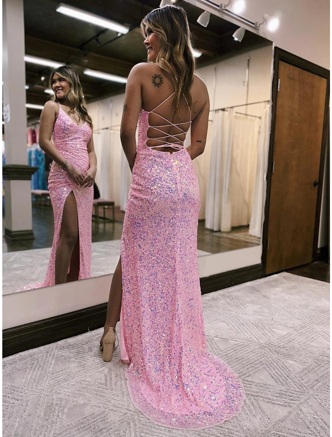 Wholesale  Mermaid / Trumpet Prom Dresses Sparkle & Shine Dress Formal Wedding Party Sweep / Brush Train Sleeveless V Neck Sequined Backless with Sequin Slit