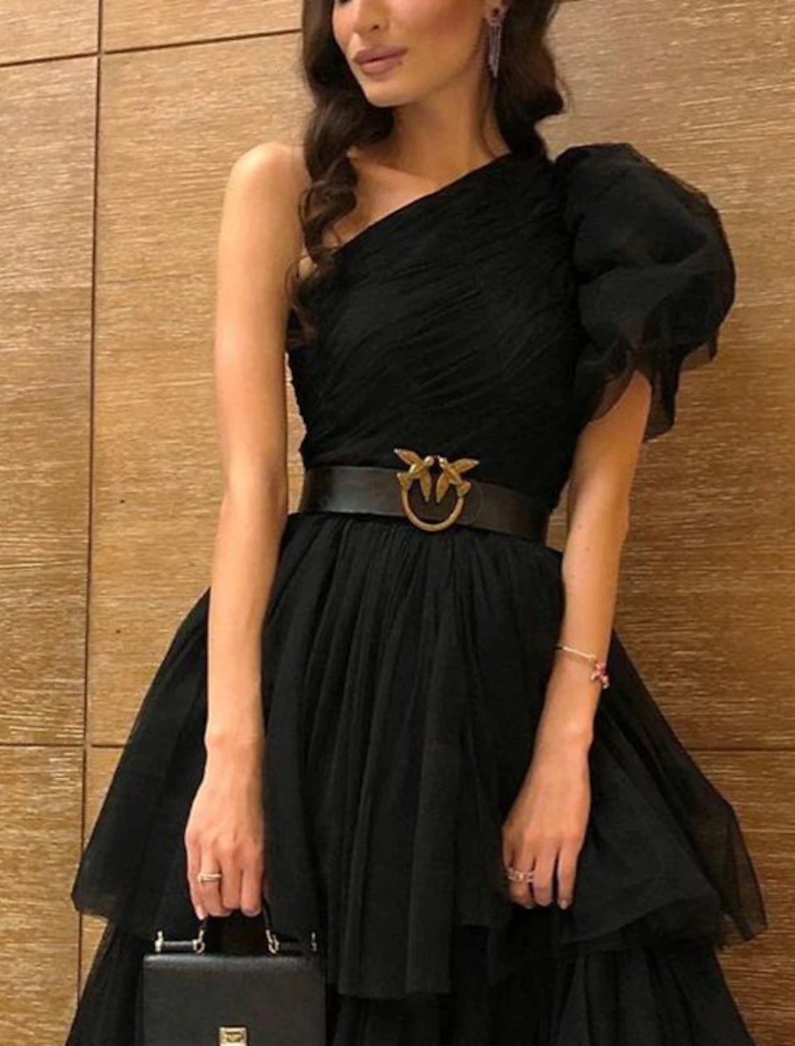 Wholesale A-Line Evening Dress Black Dress Plus Size Tiered Plisse Dress Masquerade Prom Floor Length Sleeveless One Shoulder Gothic Tulle with Slit