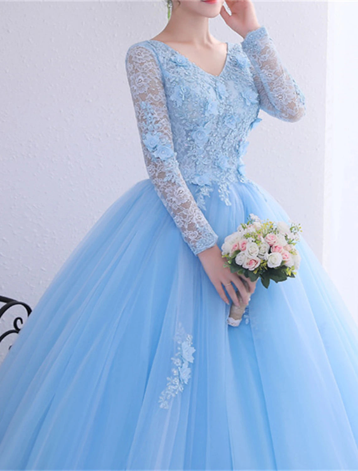 Wholesale Ball Gown Quinceanera Dresses Princess Dress Performance Quinceanera Floor Length Long Sleeve V Neck Polyester with Crystals Appliques