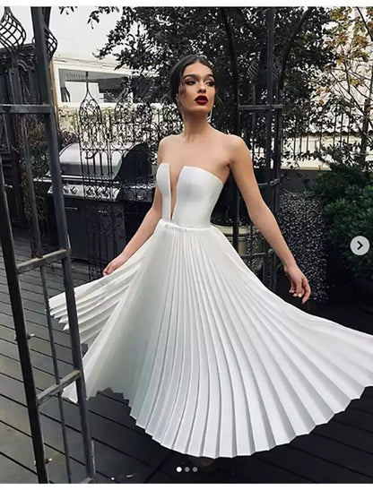 Wholesale  Reception Little White Dresses Wedding Dresses A-Line Sweetheart Strapless Ankle Length Lace Bridal Gowns With Pleats Solid