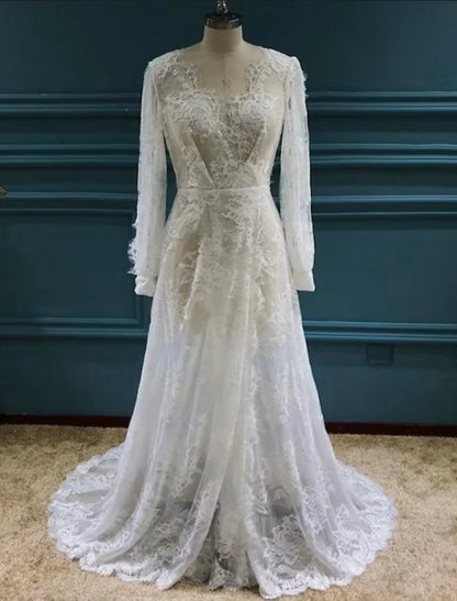 Wholesale Beach Sexy Boho Wedding Dresses A-Line V Neck Long Sleeve Sweep / Brush Train Lace Outdoor Bridal Gowns With Appliques