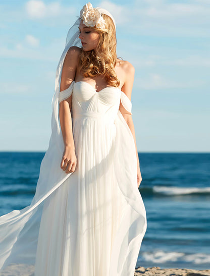 Wholesale Beach Sexy Boho Wedding Dresses A-Line Off Shoulder Cap Sleeve Floor Length Chiffon Bridal Gowns With Pleats