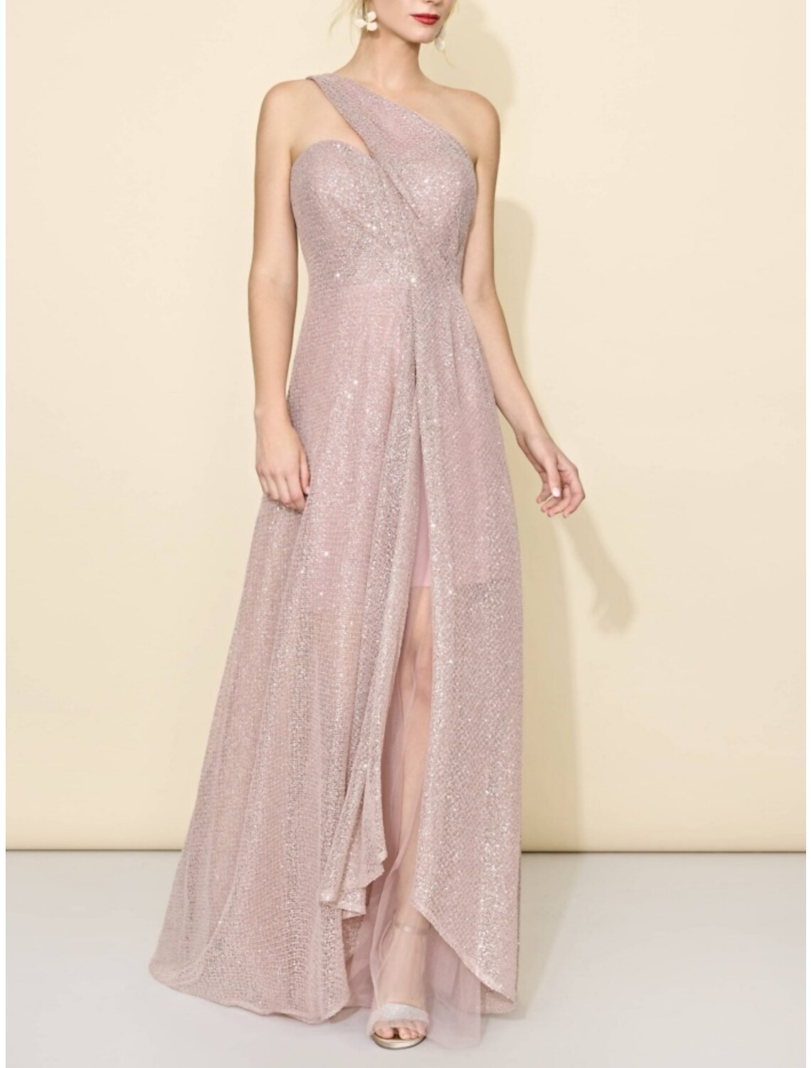 Wholesale A-Line Bridesmaid Dress One Shoulder Sleeveless Elegant Sweep / Brush Train Sequined with Split Front / Ruching