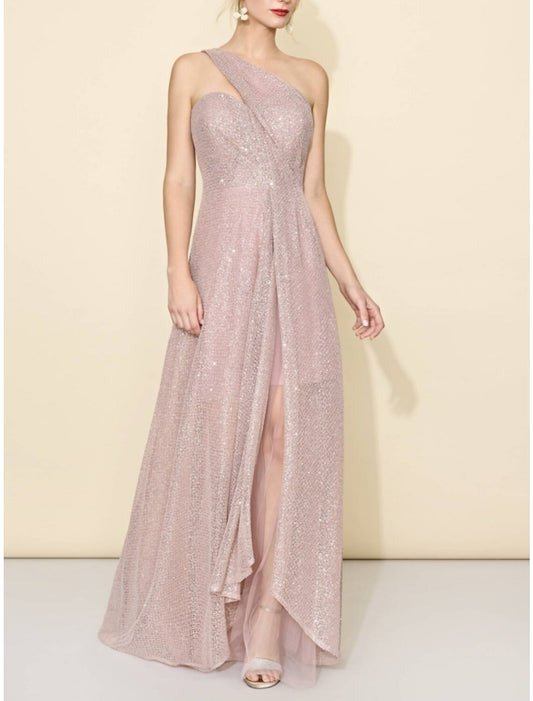 Wholesale A-Line Bridesmaid Dress One Shoulder Sleeveless Elegant Sweep / Brush Train Sequined with Split Front / Ruching