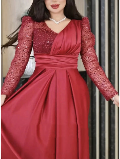 Wholesale A-Line Evening Gown Elegant Dress Formal Sweep / Brush Train Long Sleeve V Neck Satin with Pleats Ruched Sequin