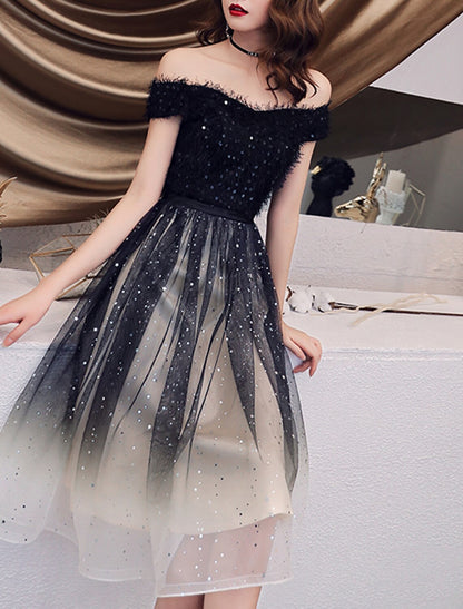 Wholesale A-Line Glittering Gradient Party Wear Cocktail Party Dress Off Shoulder Short Sleeve Knee Length Tulle with Sequin